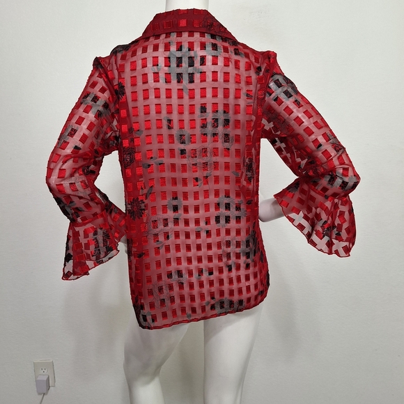 Notations Red Black Floral Romantic Academia Sheer Bell Sleeve Blouse Size M - Picture 6 of 12